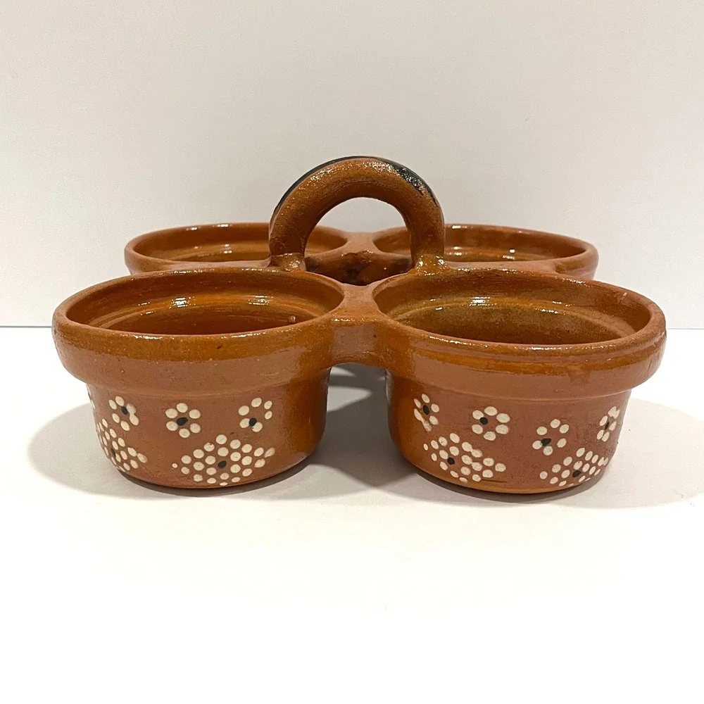Mexican Terracotta Salsa Server 4 Bowl Condiment Dish Hand Painted